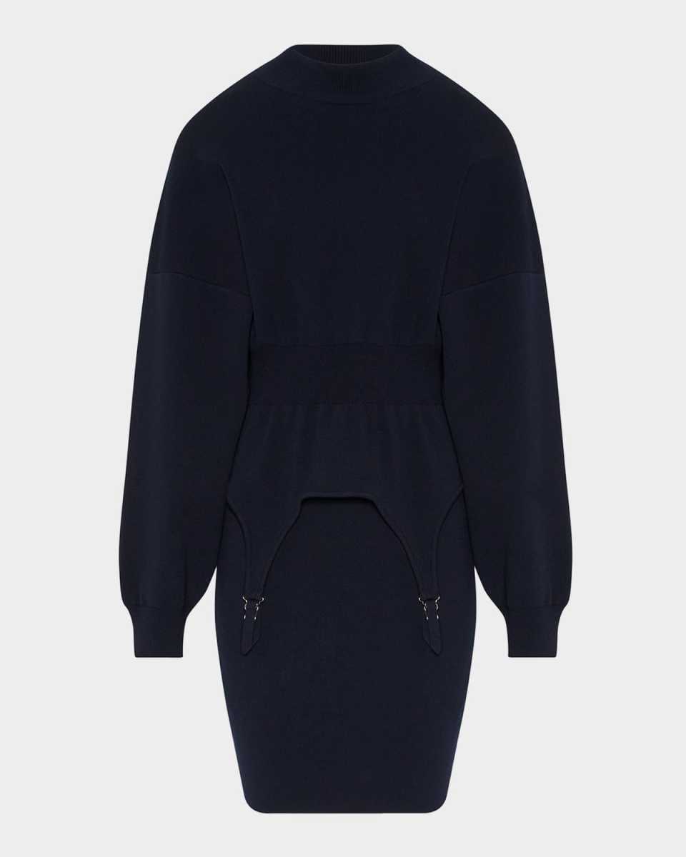 Mock-Neck Rib Harness Peplum Midi Sweater Dress